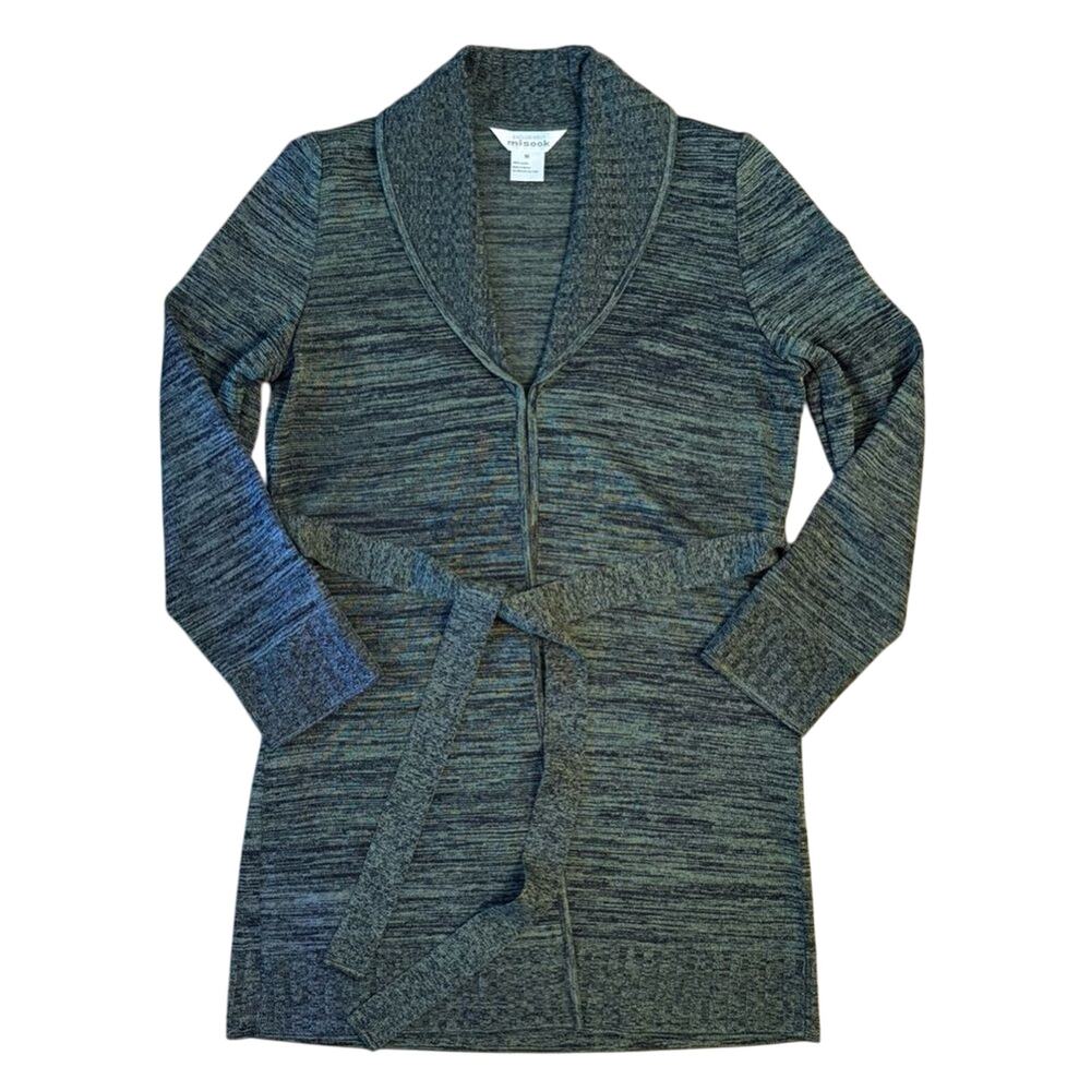 Exclusively Misook Sweater Cardigan Acrylic Knit Tie-Belt Long Robe Green Medium